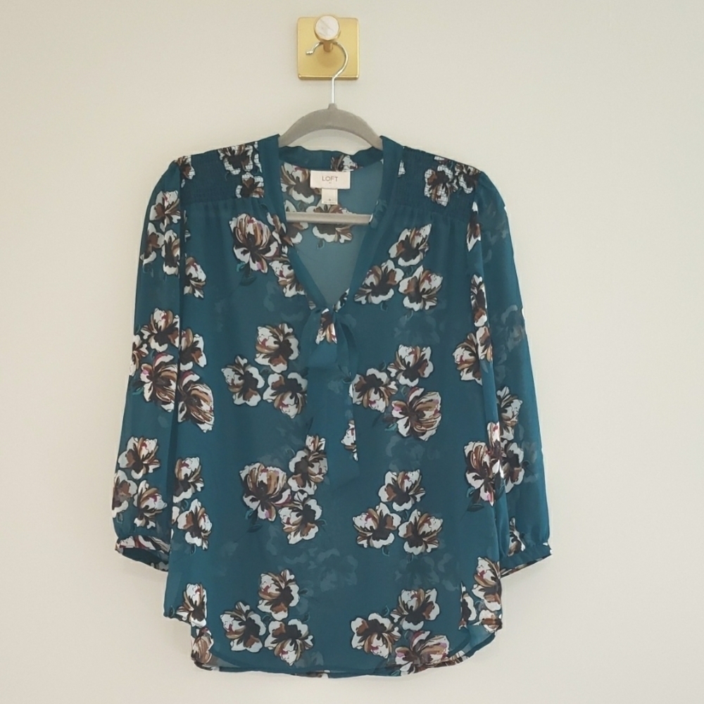 LOFT Floral Sheer Peasant Blouse Small Teal Brown Smocking Office Work Career